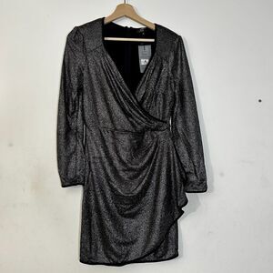 KOTON NWT Shimmer Dress Size M Long Sleeve Party Cocktail Black Silver